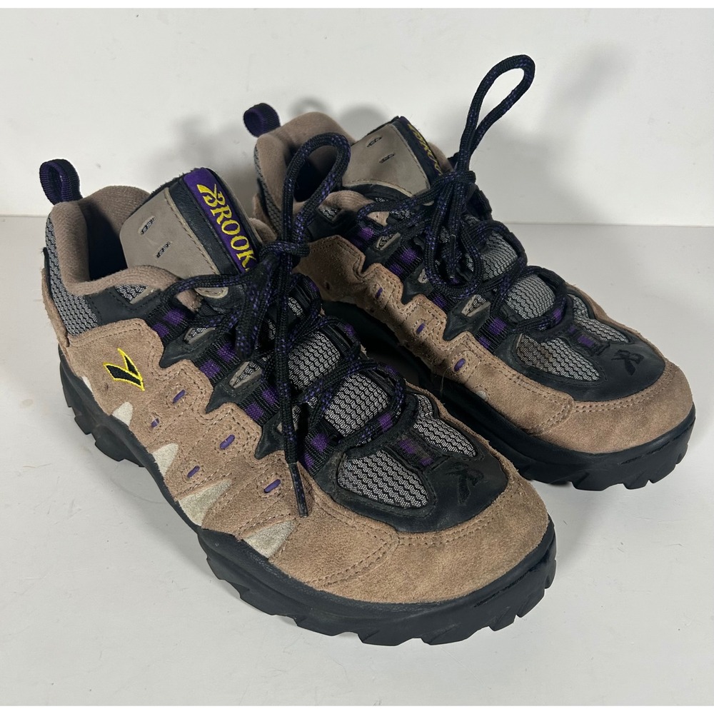 Vintage Brooks Trail Hiking Shoes Brown Purple Suede Mesh Sneakers Size 9.5 EU41